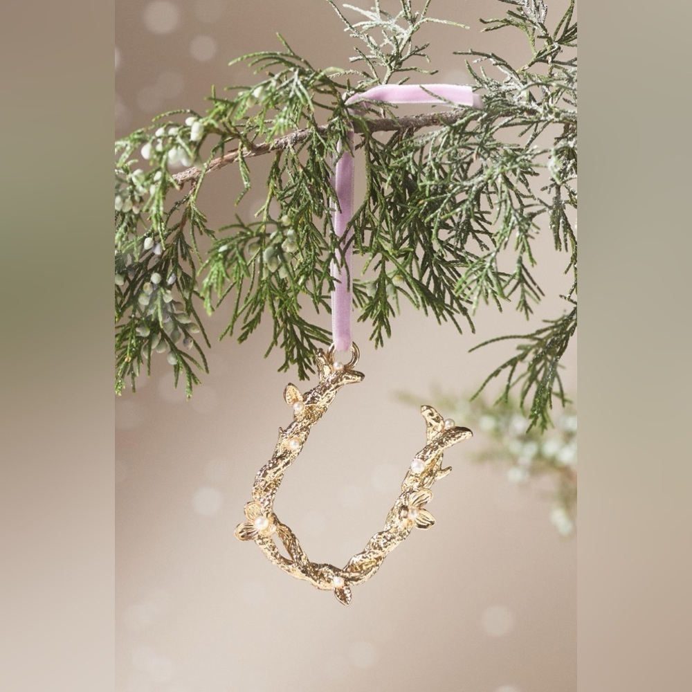 Anthropologie Aurelia Gold Pearl Monogram Letter “U” Initial Ornament NWT